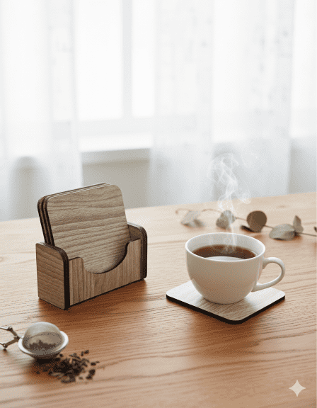 Nordic Wood Coaster Set with Holder (or Oak Grain Coaster Set)